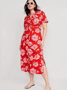 NWT Old Navy Cutout Midi Shirt Dress Button Front Floral ‎ XXL Tropical Resort